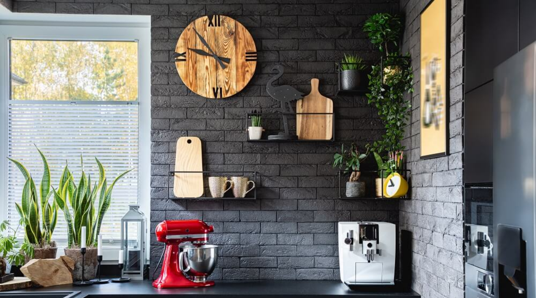 Various home appliances and kitchen decorations use the Brick Hanger to hold the items without the stress of drilling.