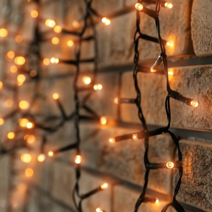 Brick wall hanging on the fairy lights using the Brick Grips' Brick Hook