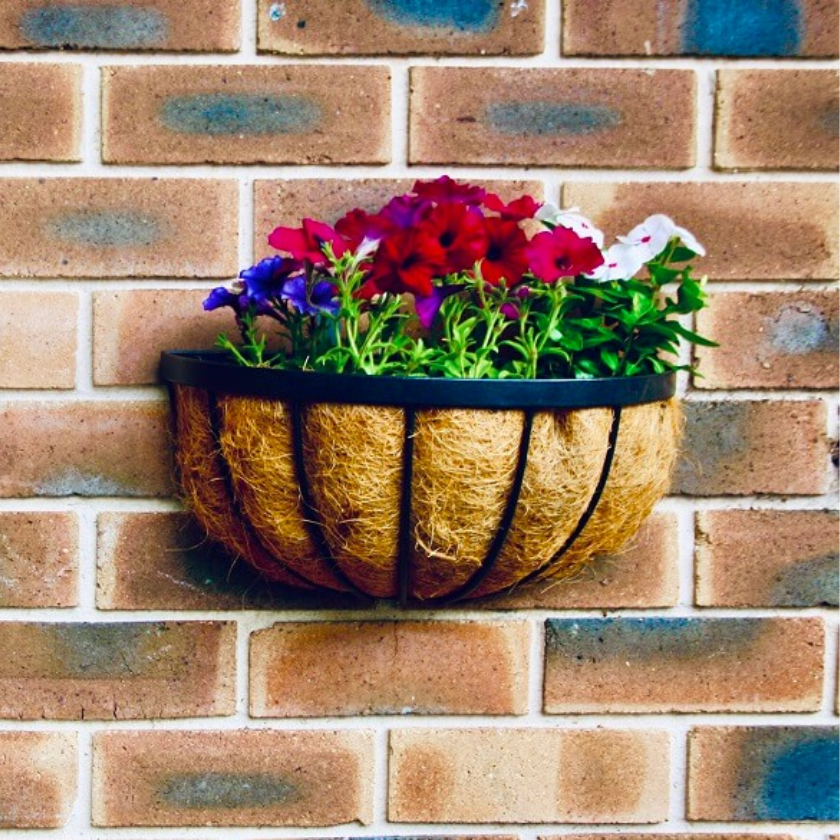 The flowering plant hanging on the brick wall uses the Brick Hanger to help balance the weight.